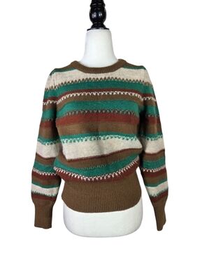 Cream wool blend boho western  Striped Crewneck Sweater